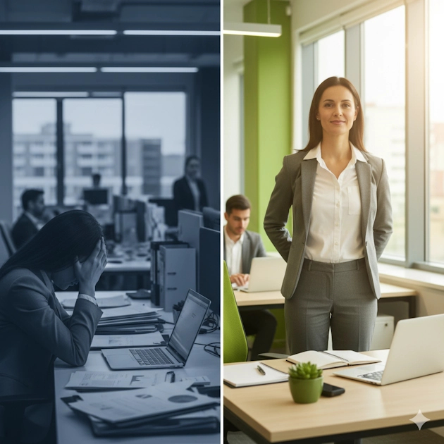 Person überwindet Angst vor der Arbeit - Transformation von Stress zu Selbstvertrauen