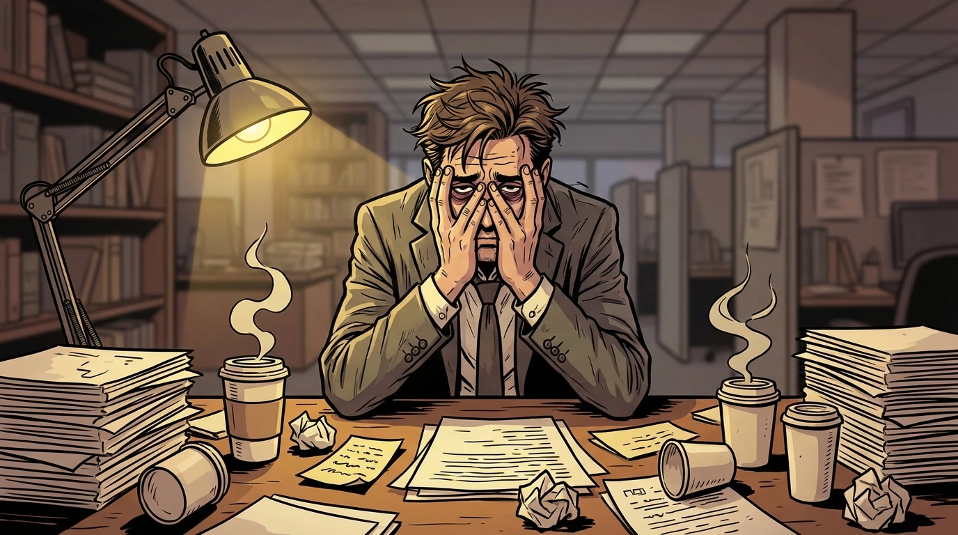 Erschöpfte Person am überladenen Schreibtisch zeigt typische Burnout-Warnsignale