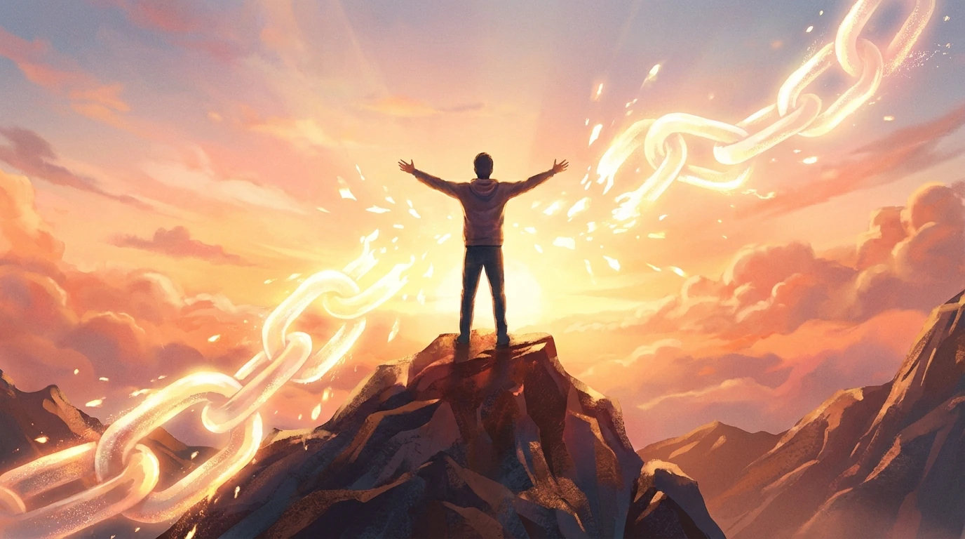 Person erlebt emotionale Freiheit auf Berggipfel bei Sonnenaufgang – Symbol für Befreiung von Ängsten und negativen Gefühlen durch Coaching